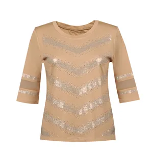 بلوز آستین سه ربع یقه گرد زنانه مدل توری طرح نگین دار