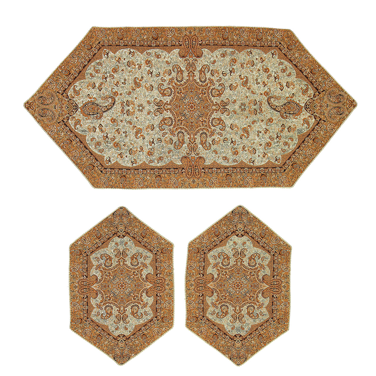 ست رومیزی ترمه سپهر یاس مدل بته جقه طلایی عسلی کد 5 مجموعه سه عددی