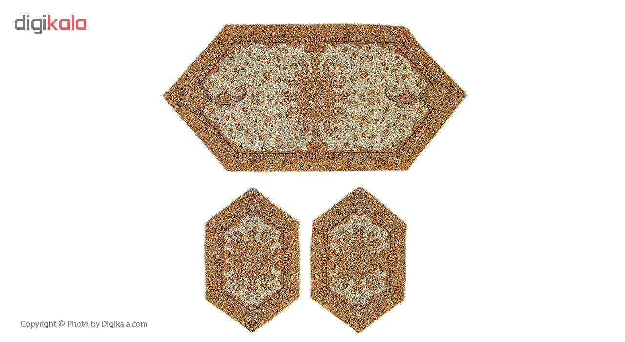 ست رومیزی ترمه سپهر یاس مدل بته جقه طلایی عسلی کد 5 مجموعه سه عددی