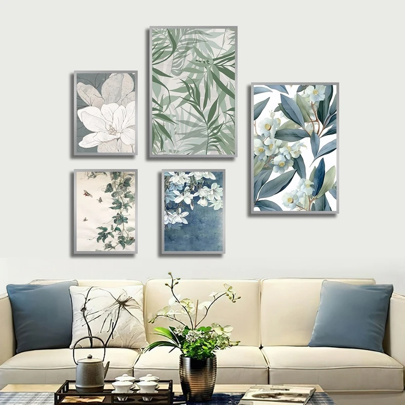 تابلو ساده بکلیت طرح نقاشی برگ و گل مدل شاین اکلیلی SI-2673 فریم نقره ای مجموعه 5 عددی