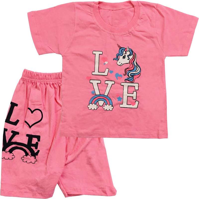 ست تی شرت و شلوارک دخترانه طرح تک شاخ مدل A12 کد 0232