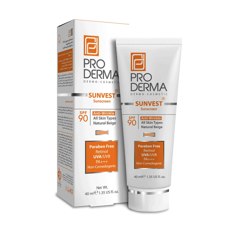 کرم ضد آفتاب رنگی پرودرما، SPF 90، مدل 90 Sunvest، مناسب انواع پوست  با تنالیته متوسط و حجم 40 میلی لیتر، ضدآب، فاقد پارابن، محافظت‌کننده در برابر  اشعه‌های UVA و UVB و غیر کومدون‌زا، PA+++، ضد چروک، دارای فرمولاسیون ویتامین C، با ماندگاری 2 ساعته