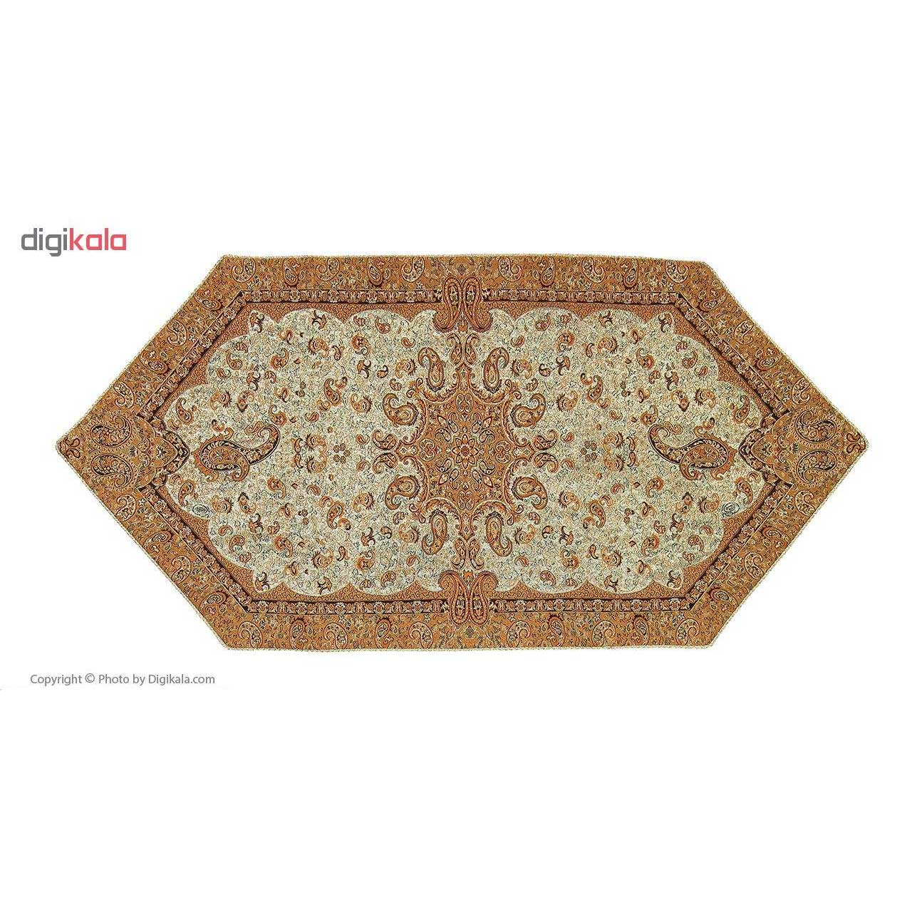 ست رومیزی ترمه سپهر یاس مدل بته جقه طلایی عسلی کد 5 مجموعه سه عددی