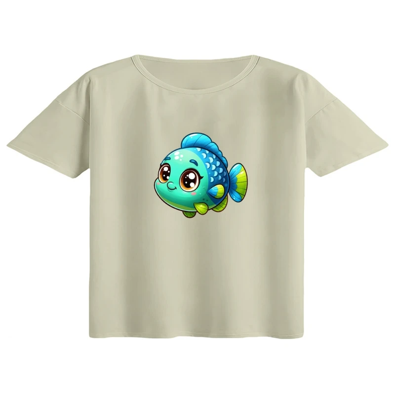 کراپ تی‌شرت آستین کوتاه زنانه مدل ماهی کارتونی کد 01
