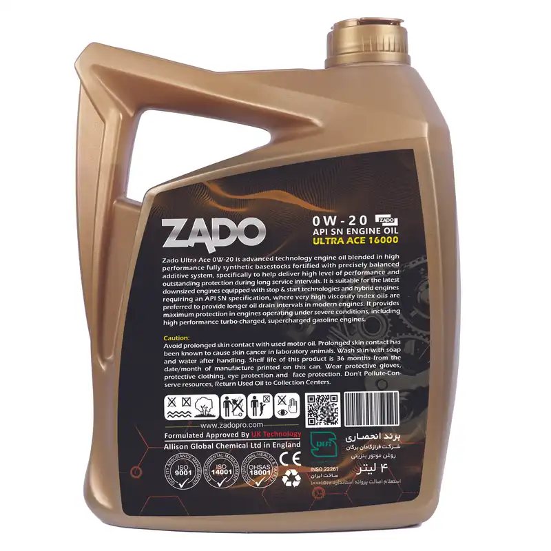 روغن موتور خودرو زادو مدل 0W20-SN-16000 ULTRA ACE حجم 4 لیتر