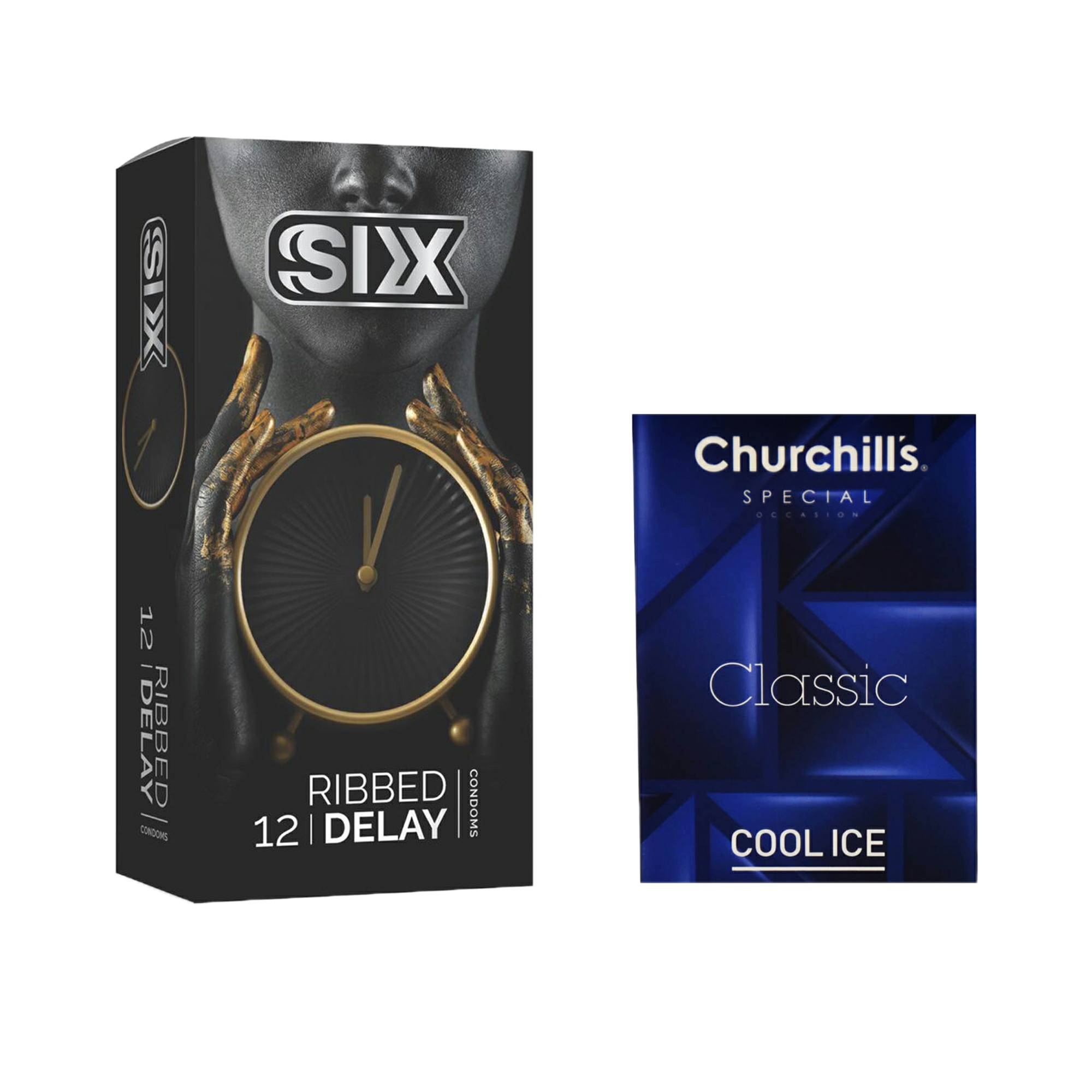 کاندوم سیکس مدل Ribbed Delay بسته 12 عددی به همراه کاندوم چرچیلز مدل Cool Ice بسته 3 عددی