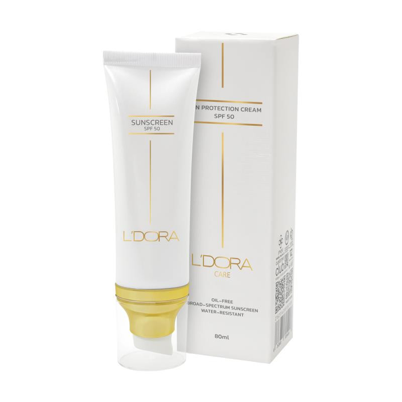 کرم ضد آفتاب بدون رنگ صورت و گردن لدورا SPF 50 مدل Care محافظ UVB،UVA مناسب برای انواع پوست حجم ۸۰ میلی لیتر