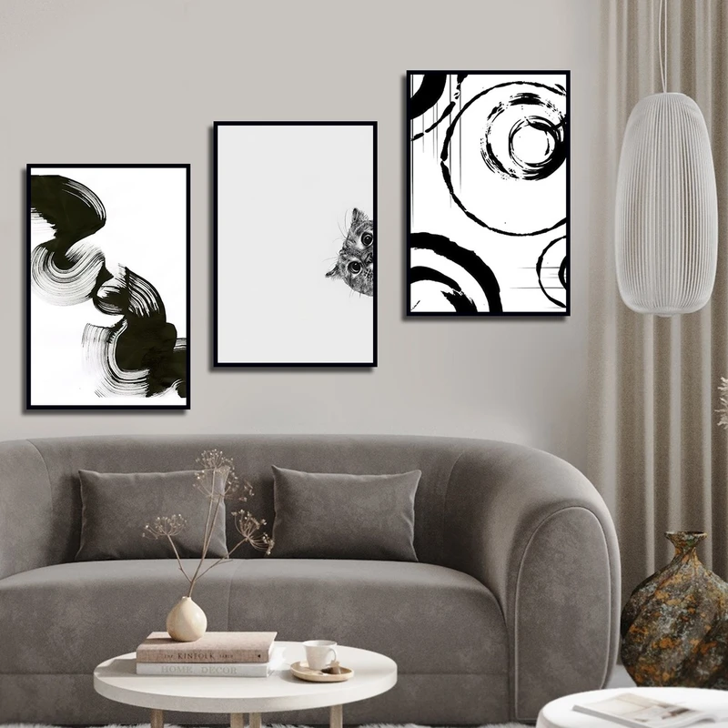 تابلو ساده بکلیت طرح نقاشی سبک کوبیسم و گربه مدل شاین اکلیلی B-2994 فریم مشکی مجموعه 3 عددی