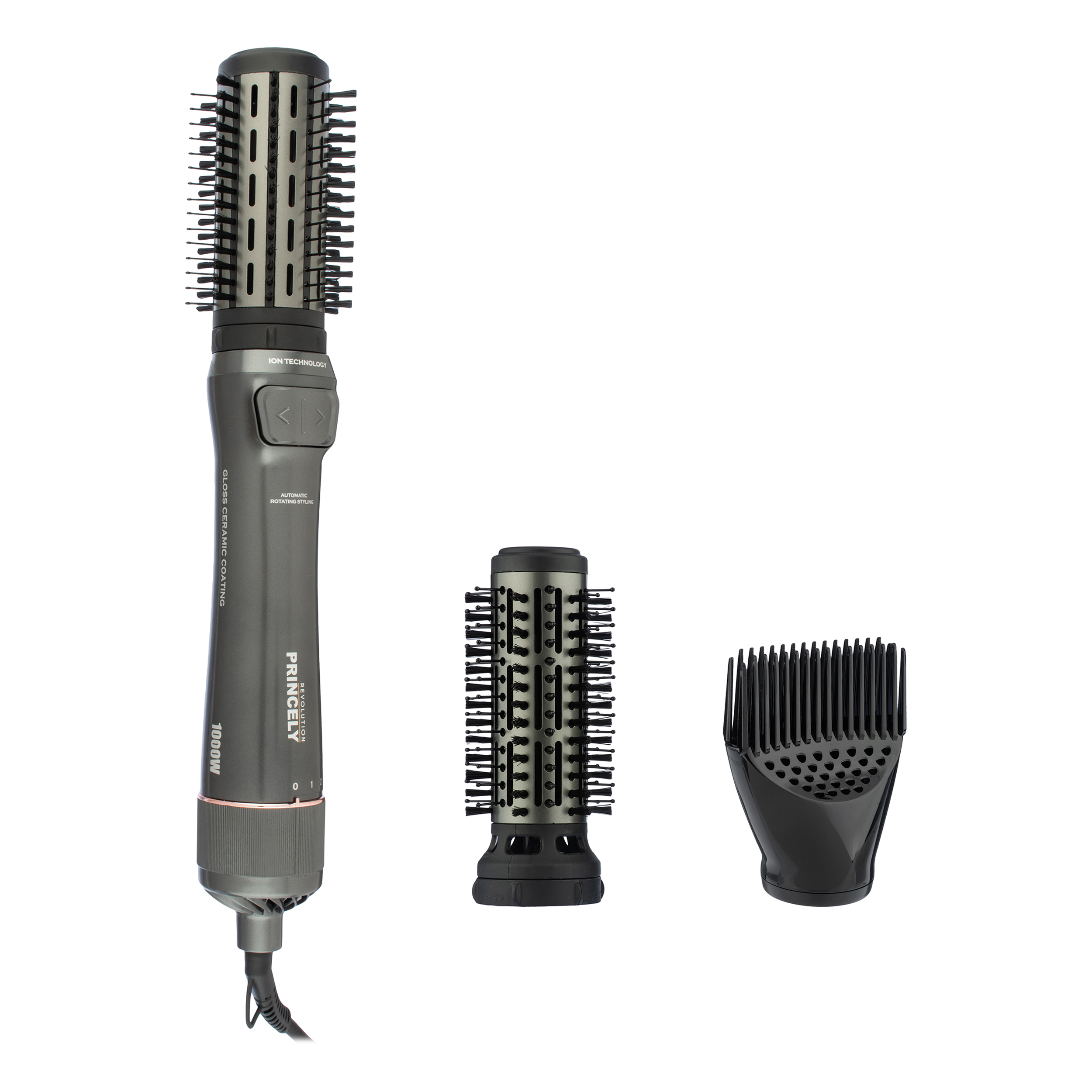 سشوار برس‌دار چرخشی 240 وات پرنسلی مدل PR312AT، موتور DC، وزن 1430 گرم، دارای سری شانه‌دار، سری برس‌دار گرد پهن، سری چرخشی، کیف نگه‌دارنده، سری دندانه‌دار با ویژگی فرکنندگی، صاف‌کنندگی، حجم‌دهندگی