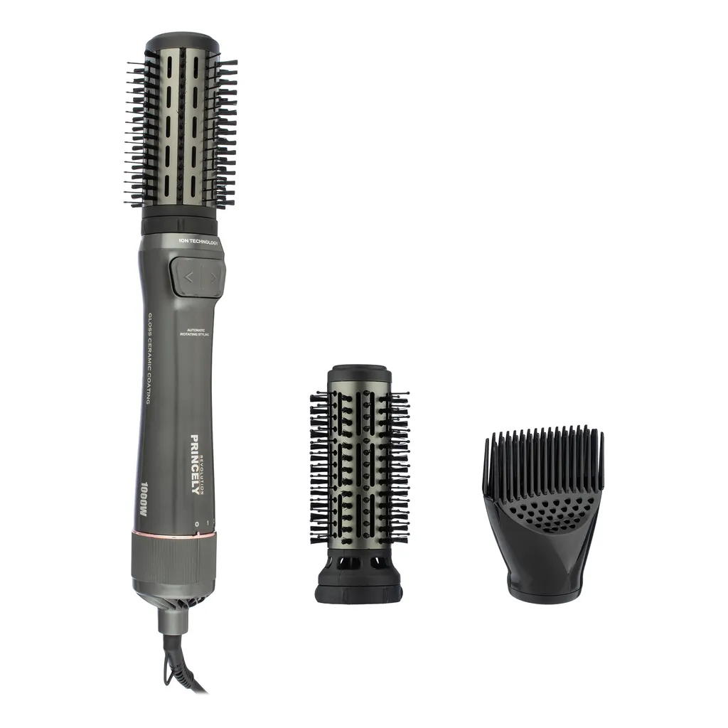 سشوار برس‌دار چرخشی 240 وات پرنسلی مدل PR312AT، موتور DC، وزن 1430 گرم، دارای سری شانه‌دار، سری برس‌دار گرد پهن، سری چرخشی، کیف نگه‌دارنده، سری دندانه‌دار با ویژگی فرکنندگی، صاف‌کنندگی، حجم‌دهندگی