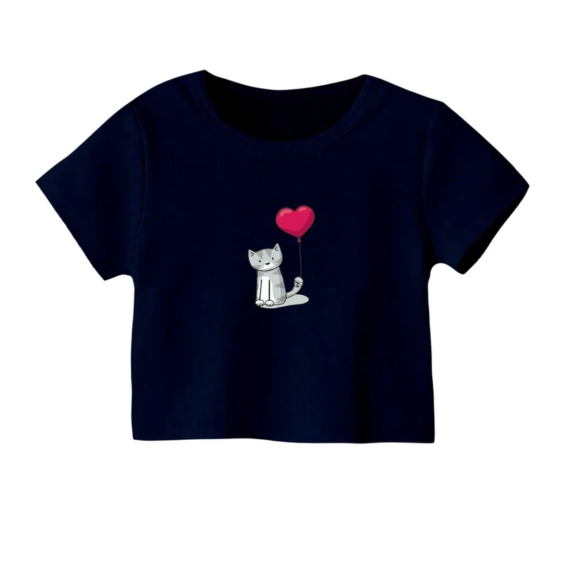 کراپ‌ تی‌شرت آستین کوتاه زنانه مدل گربه و بادکنک