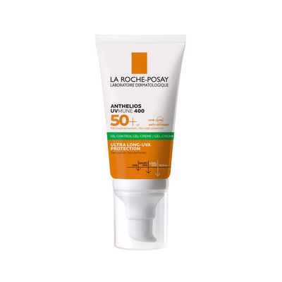 ژل کرم ضد آفتاب بی‌رنگ لاروش پوزای، SPF 50، مدل UVMune400 OilControl، مناسب پوست‌های چرب، حساس و مختلط با حجم 50 میلی‌لیتر، ضد آب، محافظت‌کننده در برابر اشعه‌های UVA و PA ،UVB++++، ضد لک، دارای فرمولاسیون فاقد چربی و آنتی اکسیدان، با ماندگاری 2 ساعته