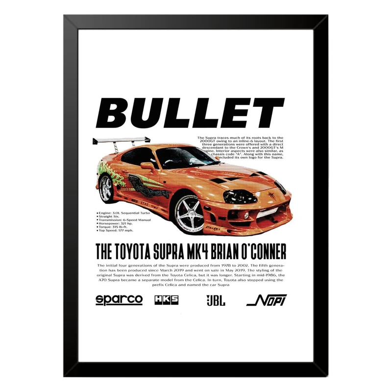 تابلو بکلیت طرح ماشین و خودرو تویوتا TOYOTA SUPRA MK4مدل b-po1554 فریم مشکی