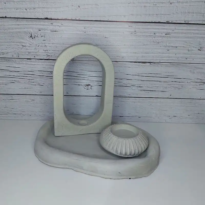 ست 3 تکه جاشمعی و گلدان بتنی مدل رگه دار