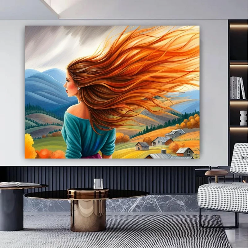 تابلو بوم طرح مخمل نقاشی مدل موی پریشان در باد کد PY593