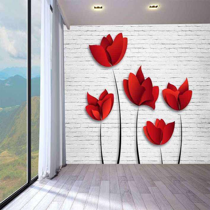 پوستر دیواری سه بعدی مدل دیوار آجری سفید شاخه گل قرمز DVRF2363