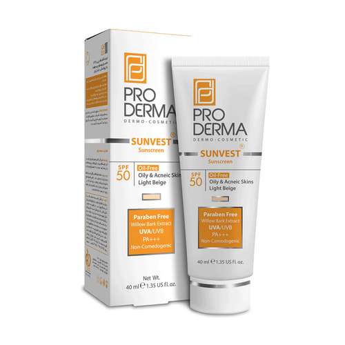کرم ضد آفتاب رنگی پرودرما، SPF 50، مدل 50 Sunvest، مناسب پوست‌‌های آکنه‌دار و چرب با تنالیته روشن و حجم 40 میلی‌لیتر، محافظت‌کننده در برابر اشعه‌های UVA و UVB، غیر کومدون‌زا و فاقد پارابن، PA+++، دارای فرمولاسیون فاقد چربی،با ماندگاری 2 ساعته