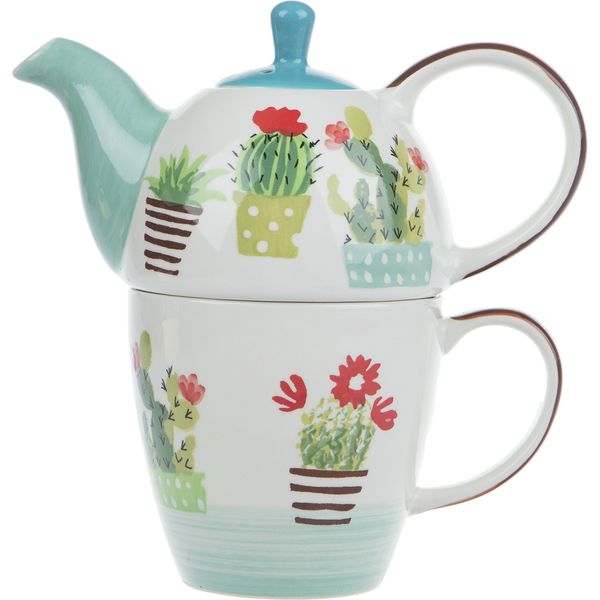 ست قوری و ماگ سرامیکی تایلندی مدل Blue Cactus