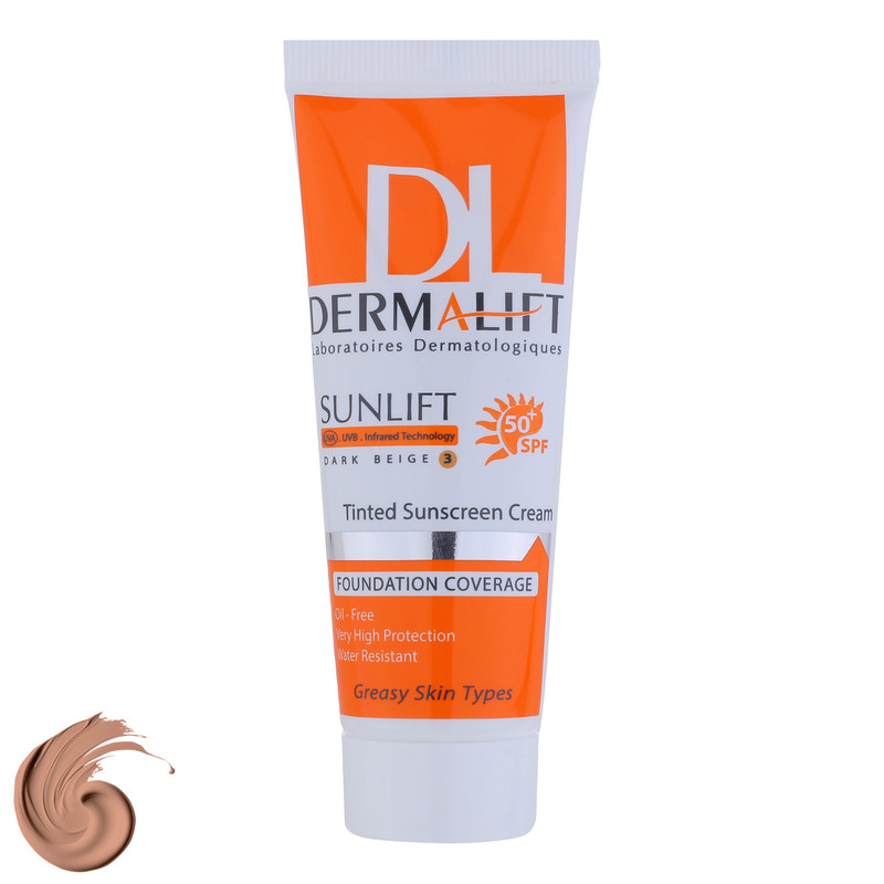 کرم ضد آفتاب رنگی درمالیفت مدل سانلیفت SPF 50 حاوی محافظ UVA و UVB، ضد آب، ضد پیری، ضد جوش و آکنه، مناسب پوست‌ چرب حجم 40 میلی‌لیتر ‌