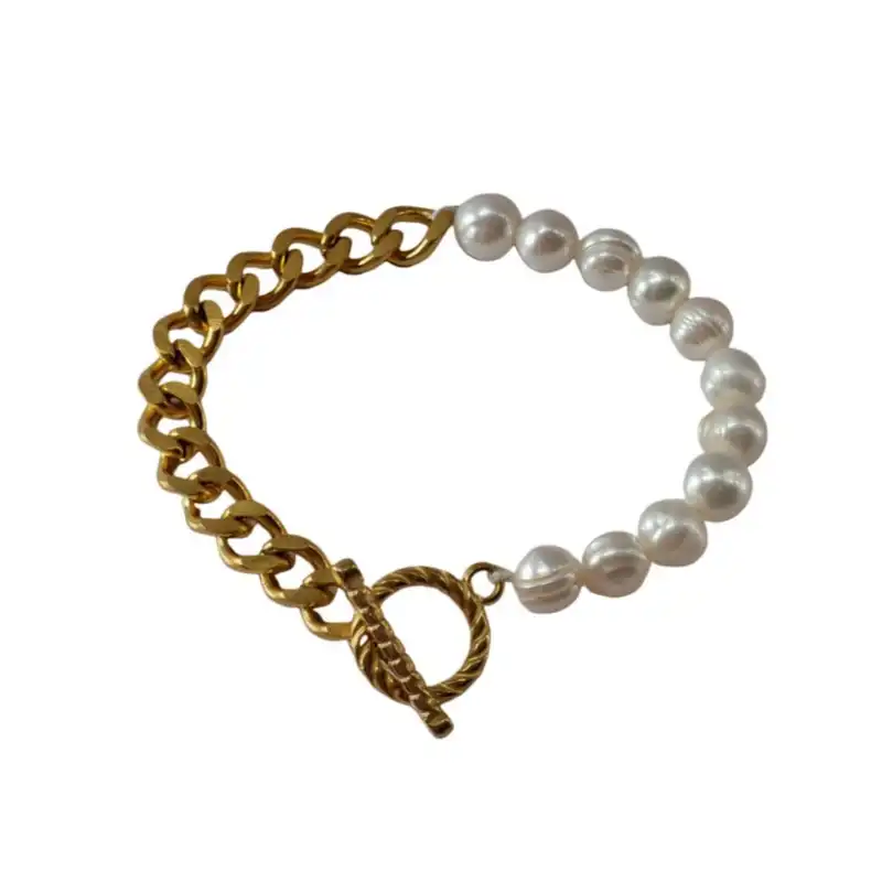 دستبند زنانه مدل مروارید پرورشی و قفل تی