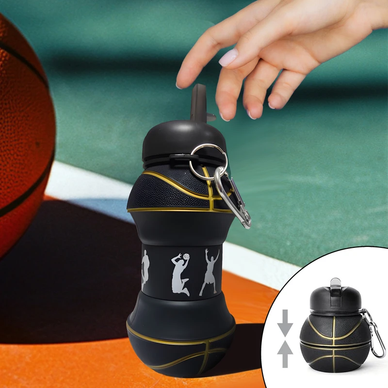 قمقمه ورزشی مدل تاشو سیلیکونی طرح توپ بسکتبال  گنجایش 0.5 لیتر