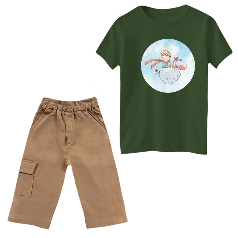 ست تی‌شرت و شلوارک پسرانه مدل شازده کوچولو و روباه رنگ یشمی