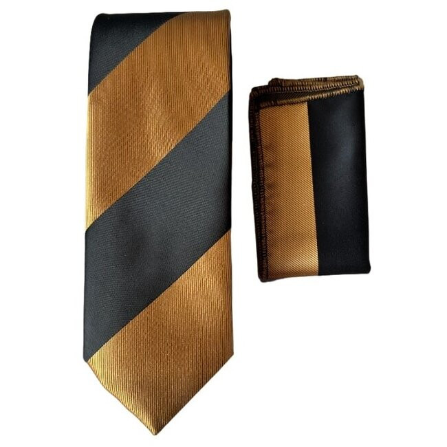 ست کراوات و دستمال جیب مردانه مدل vip کج راه رنگ طلایی مشکی