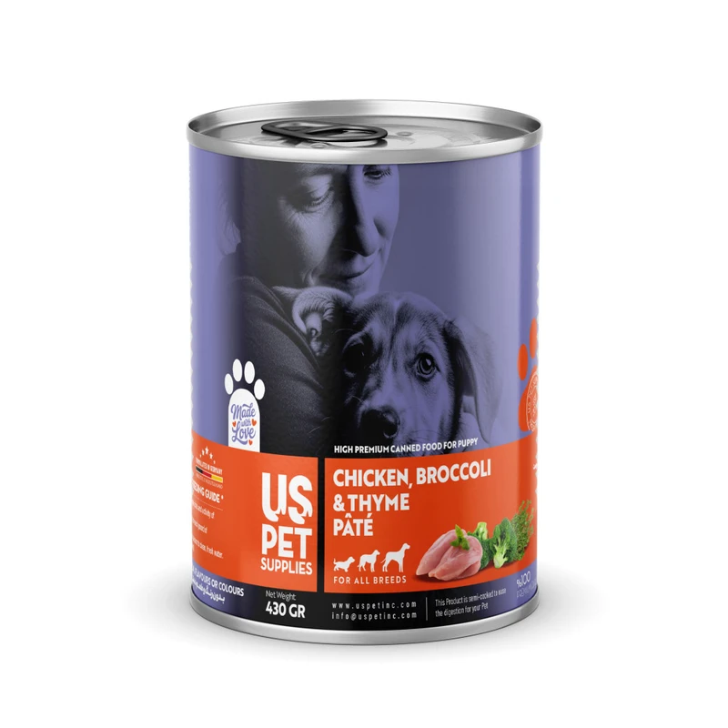 کنسرو غذای توله سگ یو اس پت مدل های پریمیوم طعم مرغ و کلم بروکلی وزن گرم