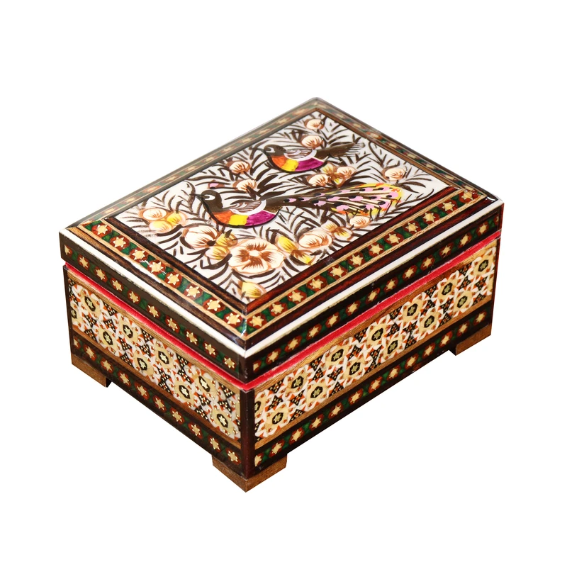 جعبه جواهرات خاتم‌ کاری چوبی صنایع دستی فاخر مدل سنتی طرح گل و مرغ برجسته کد Br1185-1f6