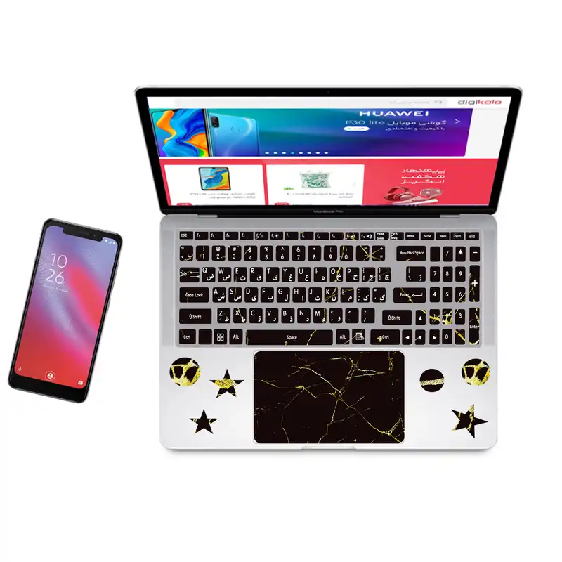 استیکر لپ تاپ راتیانا مدل marble 03 مناسب برای لپ تاپ 15 تا 17 اینچ به همراه برچسب حروف فارسی کیبورد