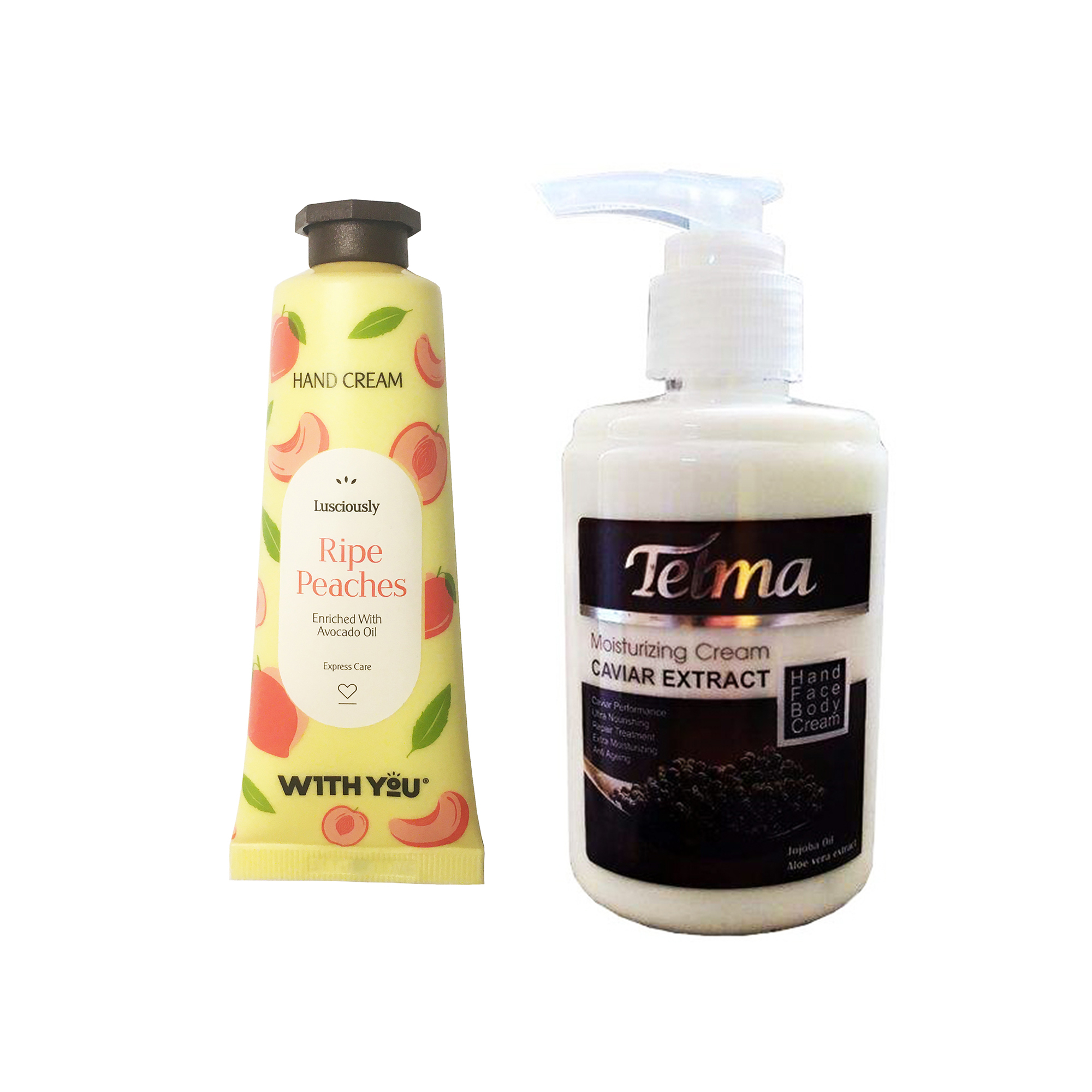 کرم آبرسان و مرطوب کننده تلما مدل خاویار حجم 200 میلی لیتر به همراه کرم مرطوب کننده ویت یو مدل Ripe Peaches حجم 50 میلی لیتر 