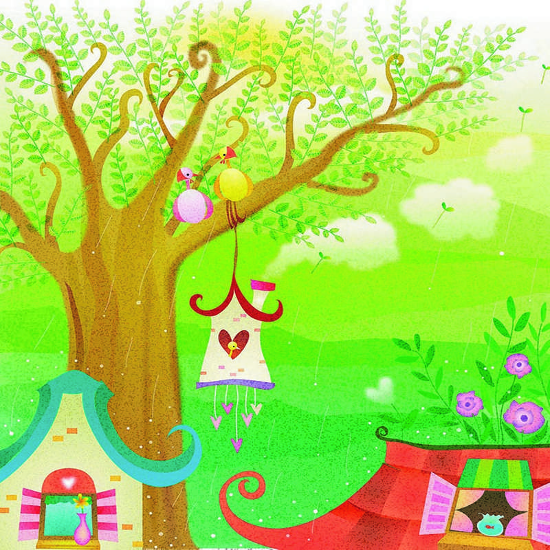 پوستر دیواری اتاق کودک مدل نقاشی درخت کلبه پرندگان DVRF2432
