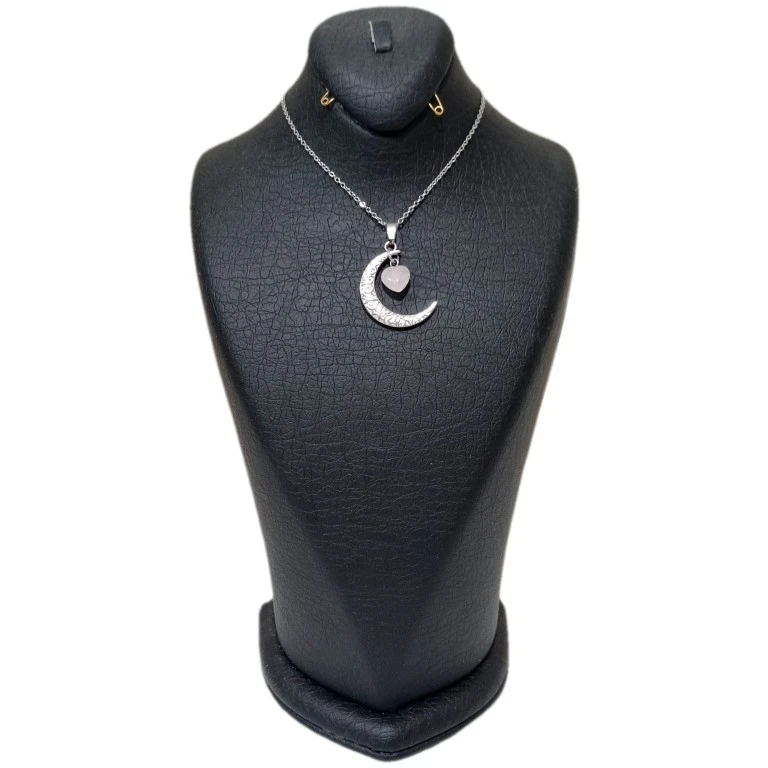 گردنبند زنانه مدل سنگ رز کوارتز قلب و ماه