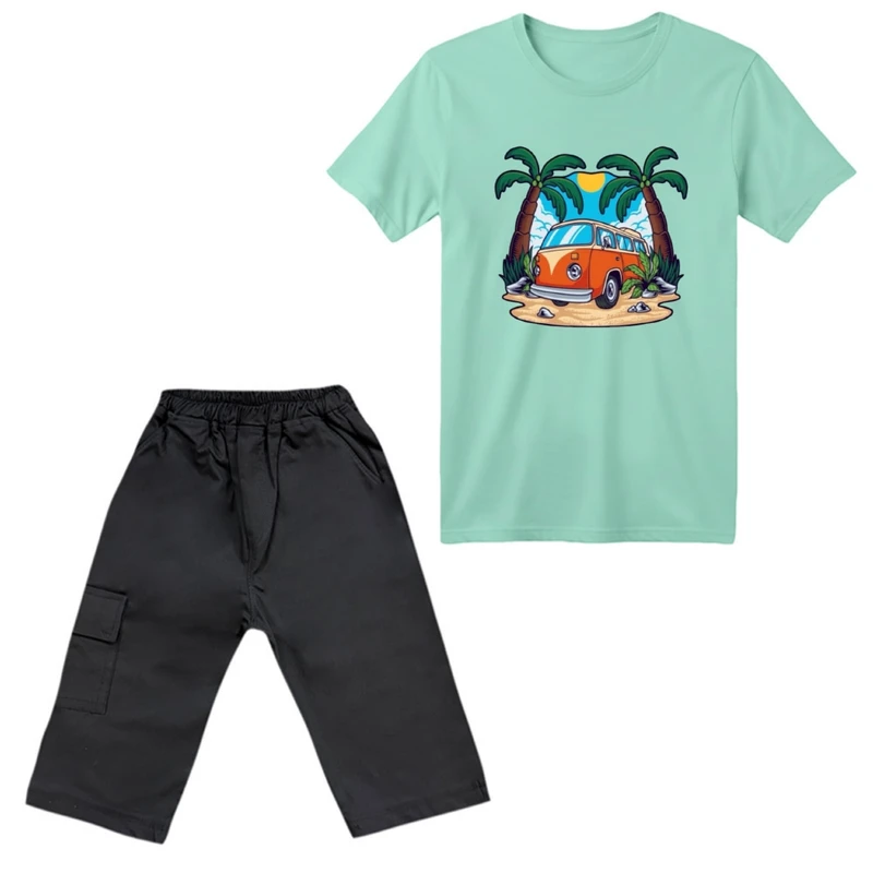 ست تی‌شرت آستین کوتاه و شلوارک پسرانه مدل فولوکس رنگ سبز روشن