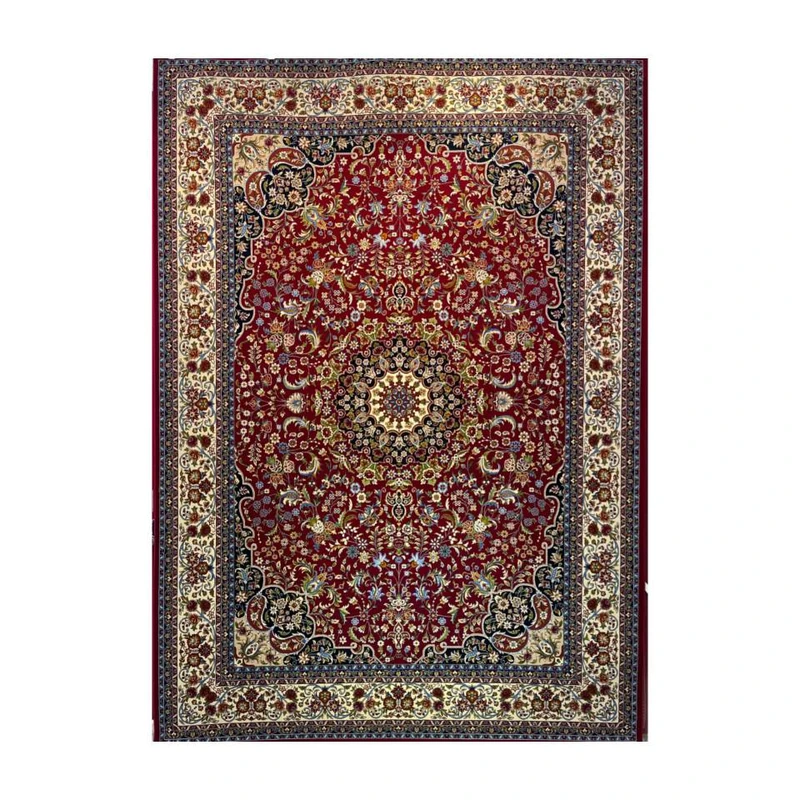 فرش ماشینی 700 شانه زمینه لاکی حاشیه کرم مدل آکرولیک قشقایی کد 108 تراکم 2100