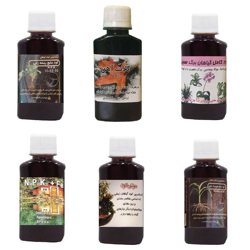 کود مایع فسفر ریشه زایی 10-52-10 و کلات آهن و کود کامل گیاهان برگ سبز و کود سه بیست و هیومیک اسید و مولتی کود مدل life drop حجم 120 میلی لیتر