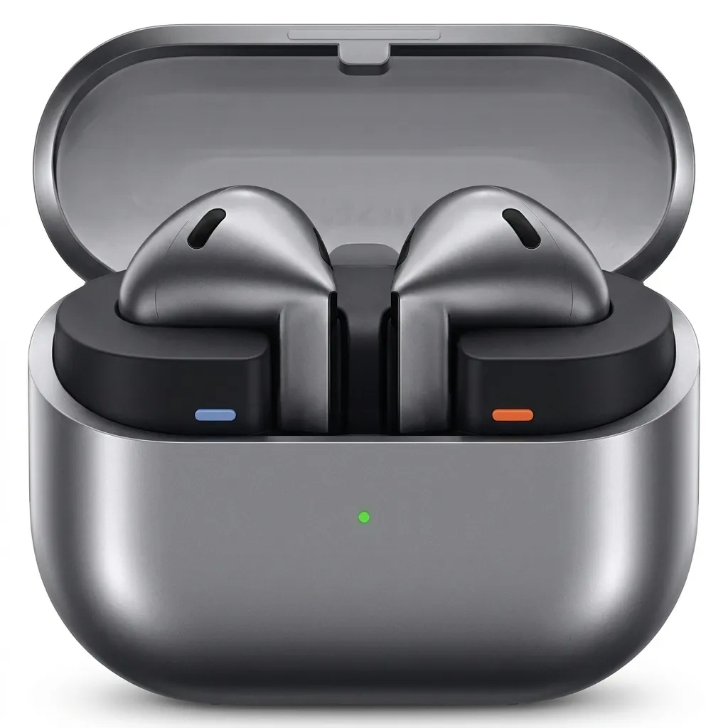 هدفون بلوتوثی سامسونگ مدل Galaxy Buds3 با نویز کنسلینگ فعال (ANC)، نویز کنسلینگ میکروفون (ENC)، درگاه شارژ USB Type-C، با قابلیت اتصال به چند دستگاه، دارای قابلیت صدای 360 درجه، Galaxy AI، میکروفون سه گانه، پشتیبانی از فرمان لمسی، ضد آب و گرد و غبار