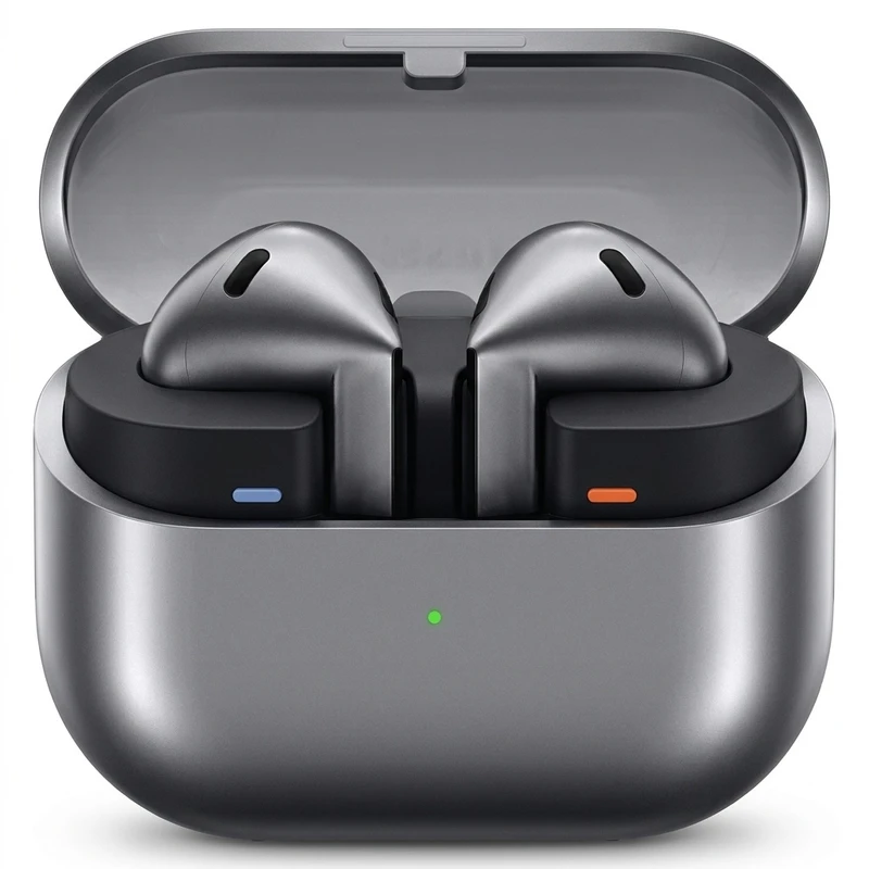 هدفون بلوتوثی سامسونگ مدل Galaxy Buds3 با نویز کنسلینگ فعال (ANC)، نویز کنسلینگ میکروفون (ENC)، درگاه شارژ USB Type-C، با قابلیت اتصال به چند دستگاه، دارای قابلیت صدای 360 درجه، Galaxy AI، میکروفون سه گانه، پشتیبانی از فرمان لمسی، ضد آب و گرد و غبار