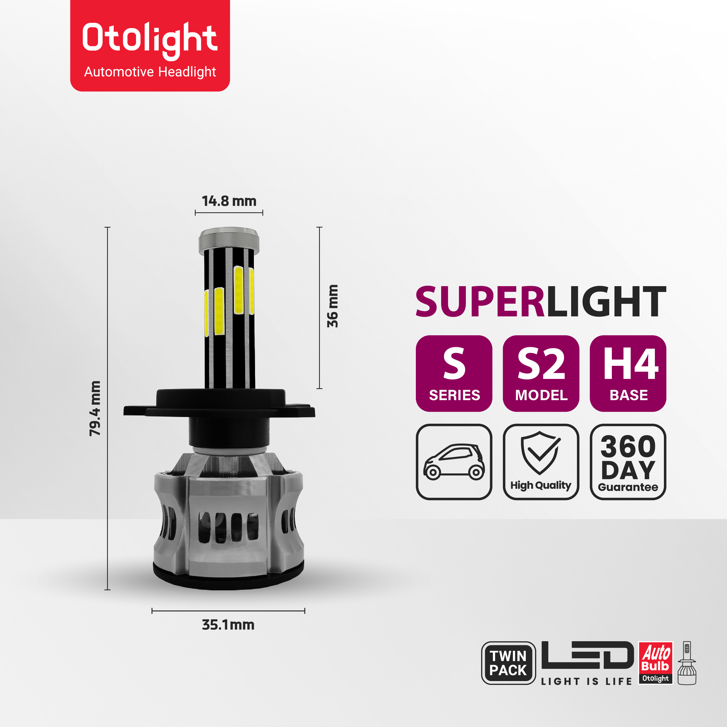 لامپ هدلایت LED اتولایت مدل S2 پایه H4 بسته 2 عددی