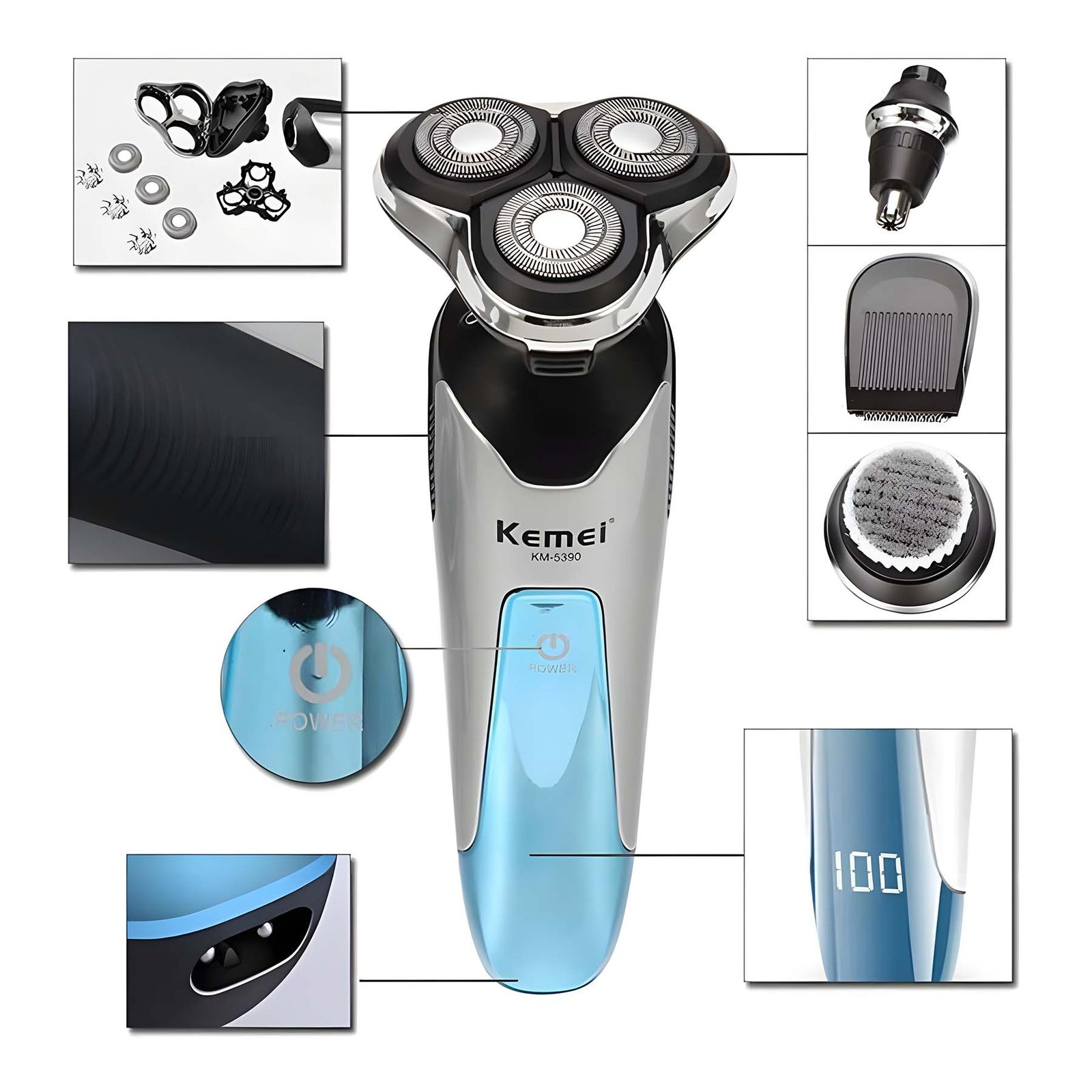 ماشین اصلاح موی سر و صورت کیمی مدل km-5390، اصلاح به صورت خط زن، استفاده به صورت خشک و مرطوب، طراحی ارگونومیک، تیغه‌های خودتیزشونده، منبع انرژی با باتری، تکنولوژی اصلاح به صورت برش چرخشی، مدت زمان شارژ 120 دقیقه و مدت زمان استفاده پس از شارژ 120 دقیقه -  - 18