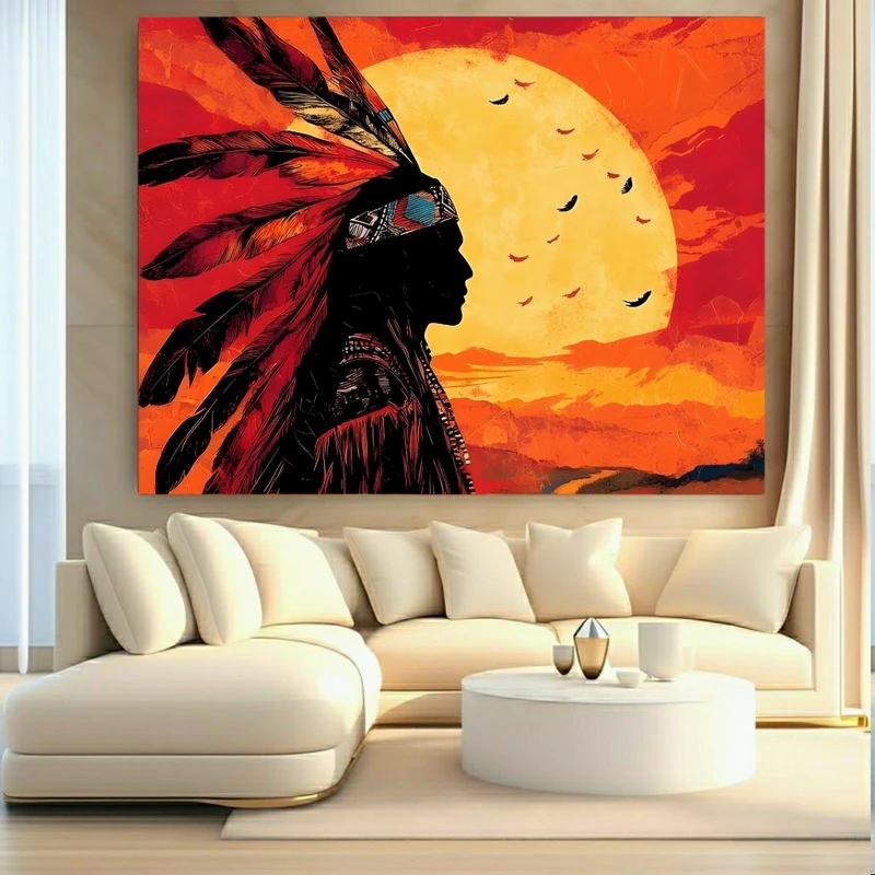پوستر پارچه ای طرح مخمل مرد سرخپوست مدل غروب خورشید کد FP106612