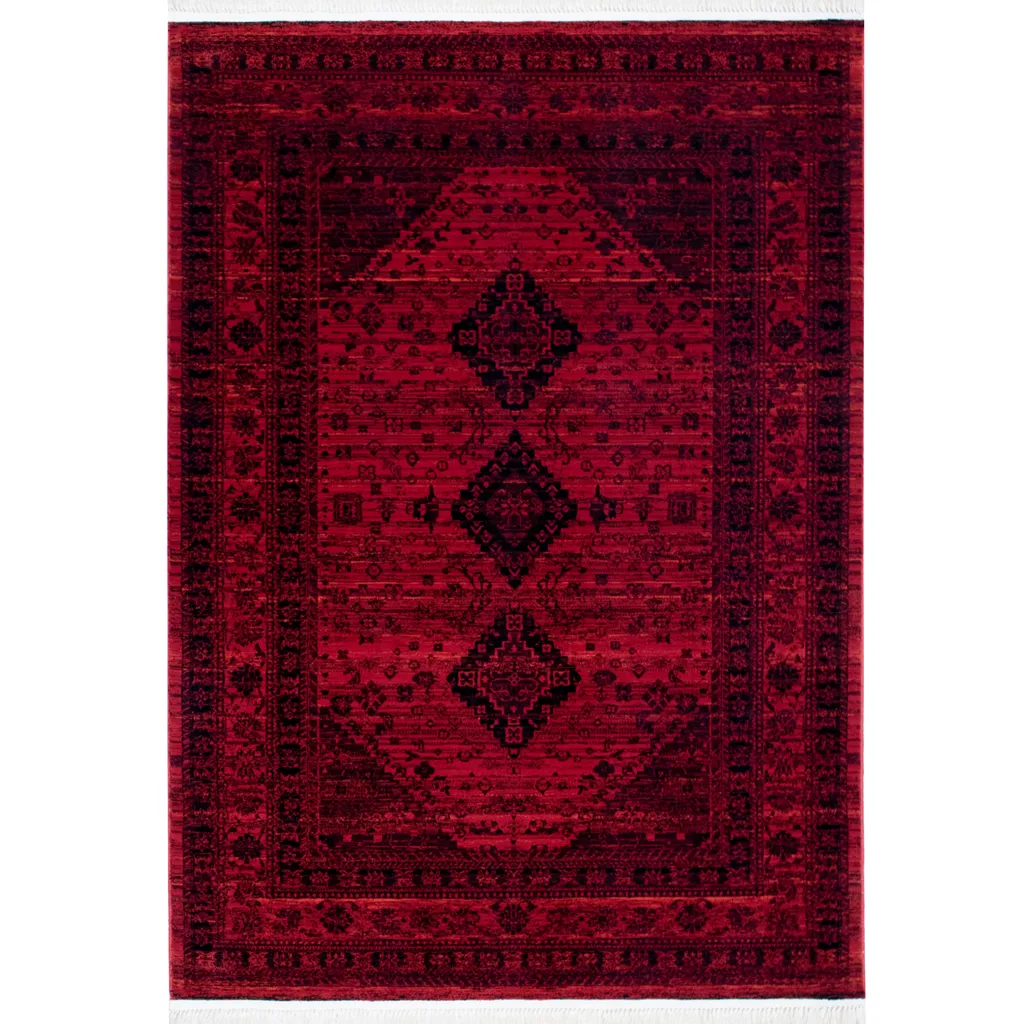 فرش ماشینی رادین طرح پتینه بلوچ 5 رنگ زمینه اناری