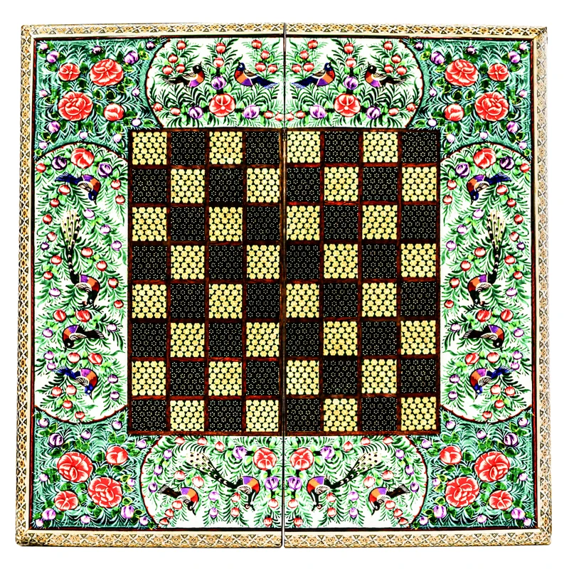 صفحه شطرنج خاتم کاری مدل لبه گرد طرح نقاشی گل و مرغ برجسته کد 50gr
