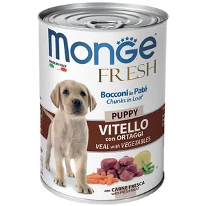 کنسرو سگ مونگه مدل Chunks Puppy Veal and Vegetables-14441 با طعم گوساله و سبزیجات وزن 400 گرم