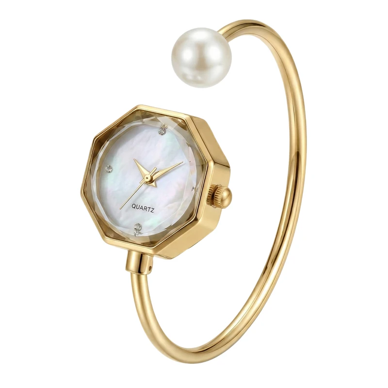 ساعت مچی عقربه‌ای کوارتز زنانه مدل لوکس بنگل بند النگویی مرواریدی کد B007