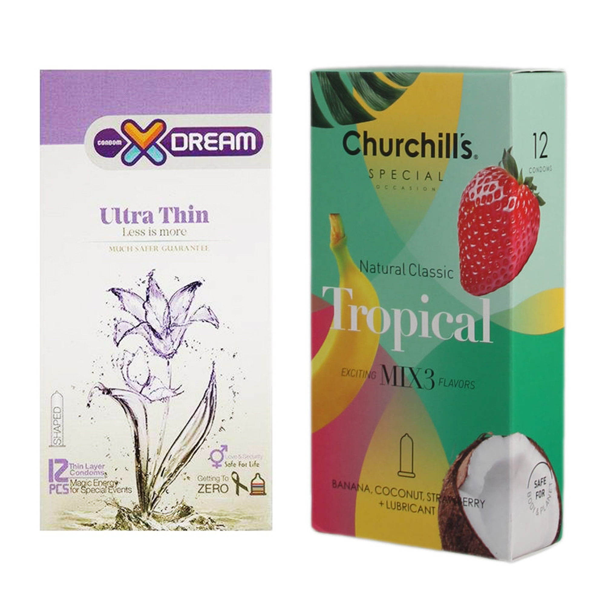 کاندوم چرچیلز مدل Tropical بسته 12 عددی به همراه کاندوم ایکس دریم مدل Ultra Thin بسته 12 عددی