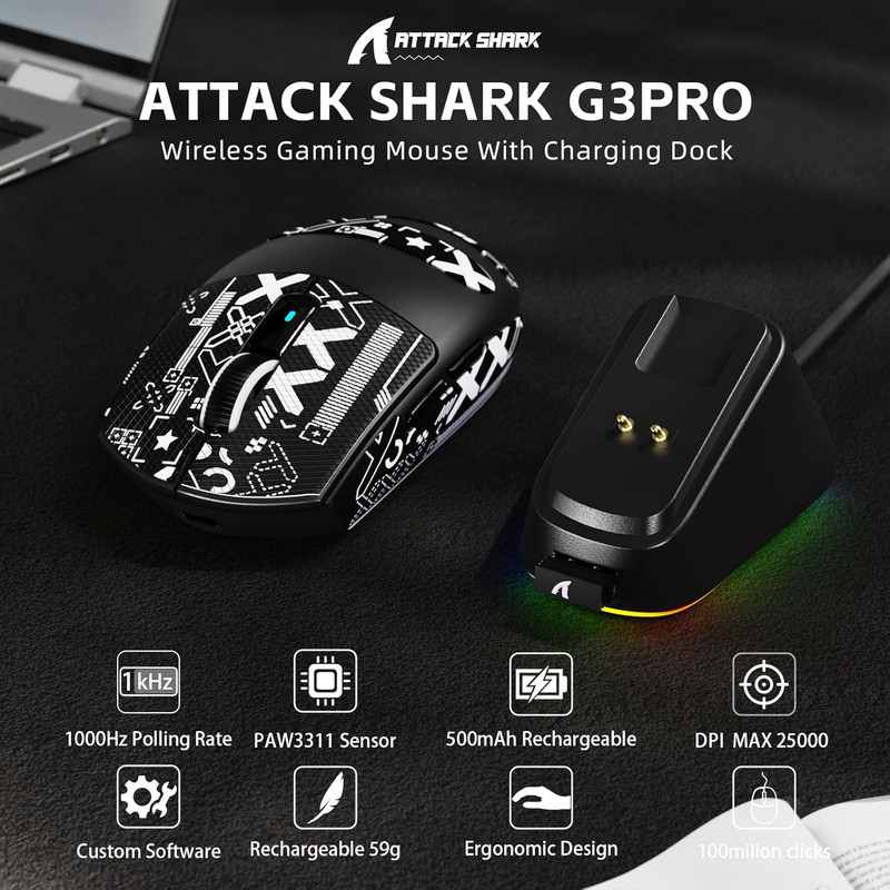 ماوس بی سیم گیمینگ اتک شارک مدل G3 Pro With RGB Charging Dock