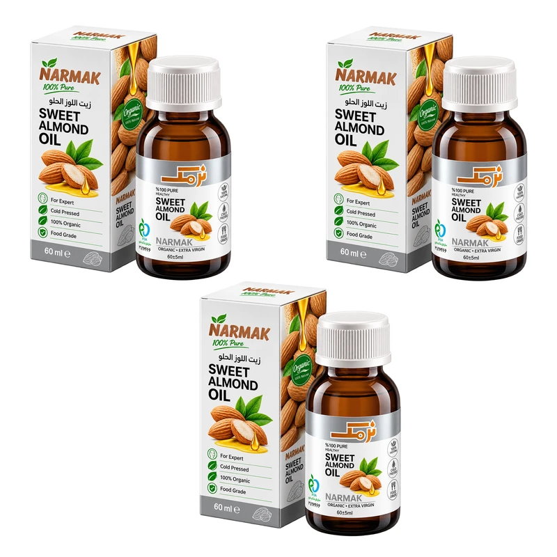 روغن بادام شیرین بدن نرمک مدل Export مناسب برای انواع پوست حجم 60 میلی‌لیتر مجموعه 3 عددی