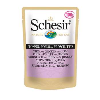 پوچ گربه شسیر مدل Pouch Tuna & Chicken With Ham-15778 با طعم ماهی تن با فیله مرغ و ژامبون وزن 100 گرم