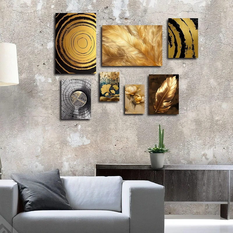 تابلو شاسی بکلیت طرح نقاشی خورشید و پر طلایی مدل SH-3170 مجموعه 7 عددی